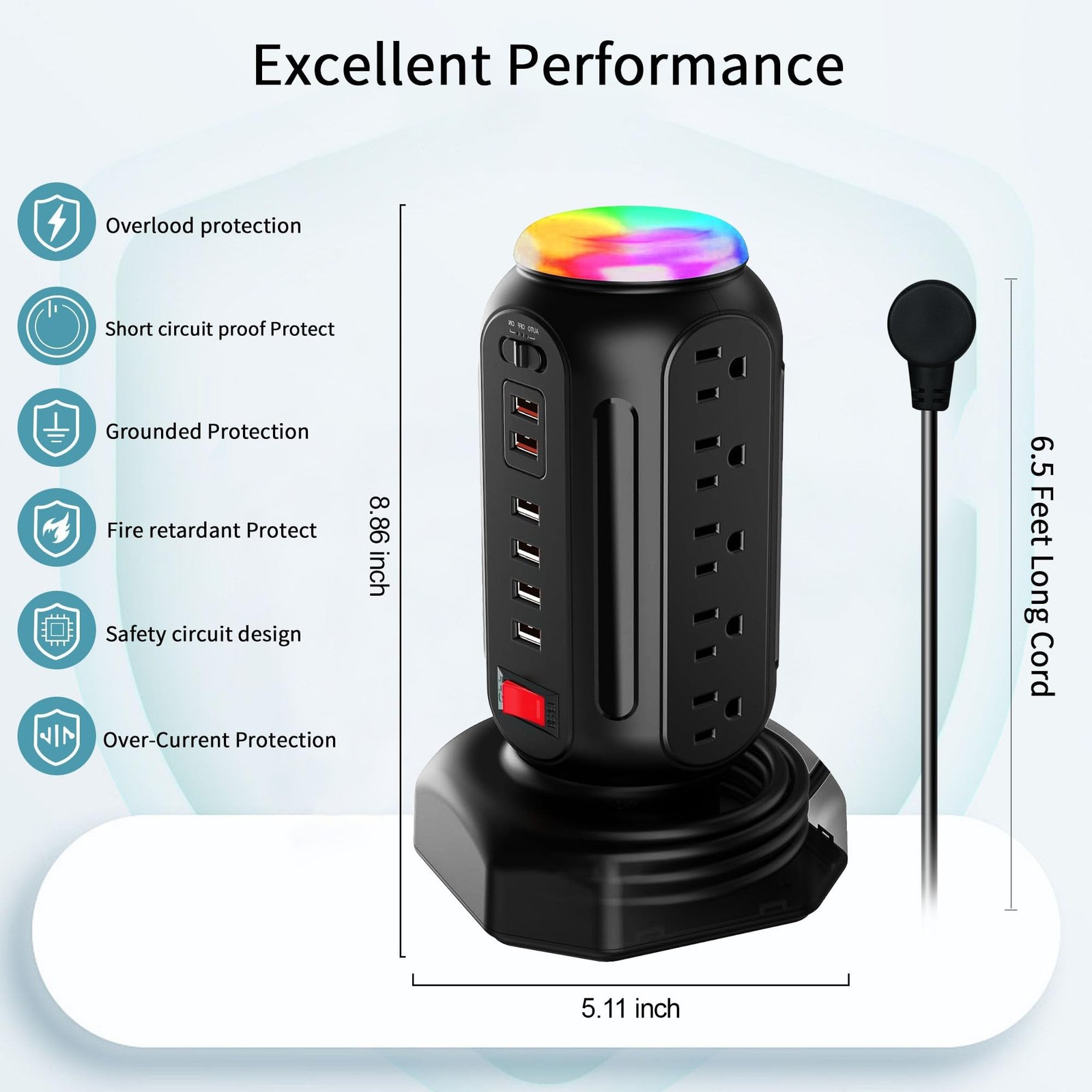 Power Strip Tower with Colorful Nightlight, 15 AC Outlets and 6 Fasting USB P…
