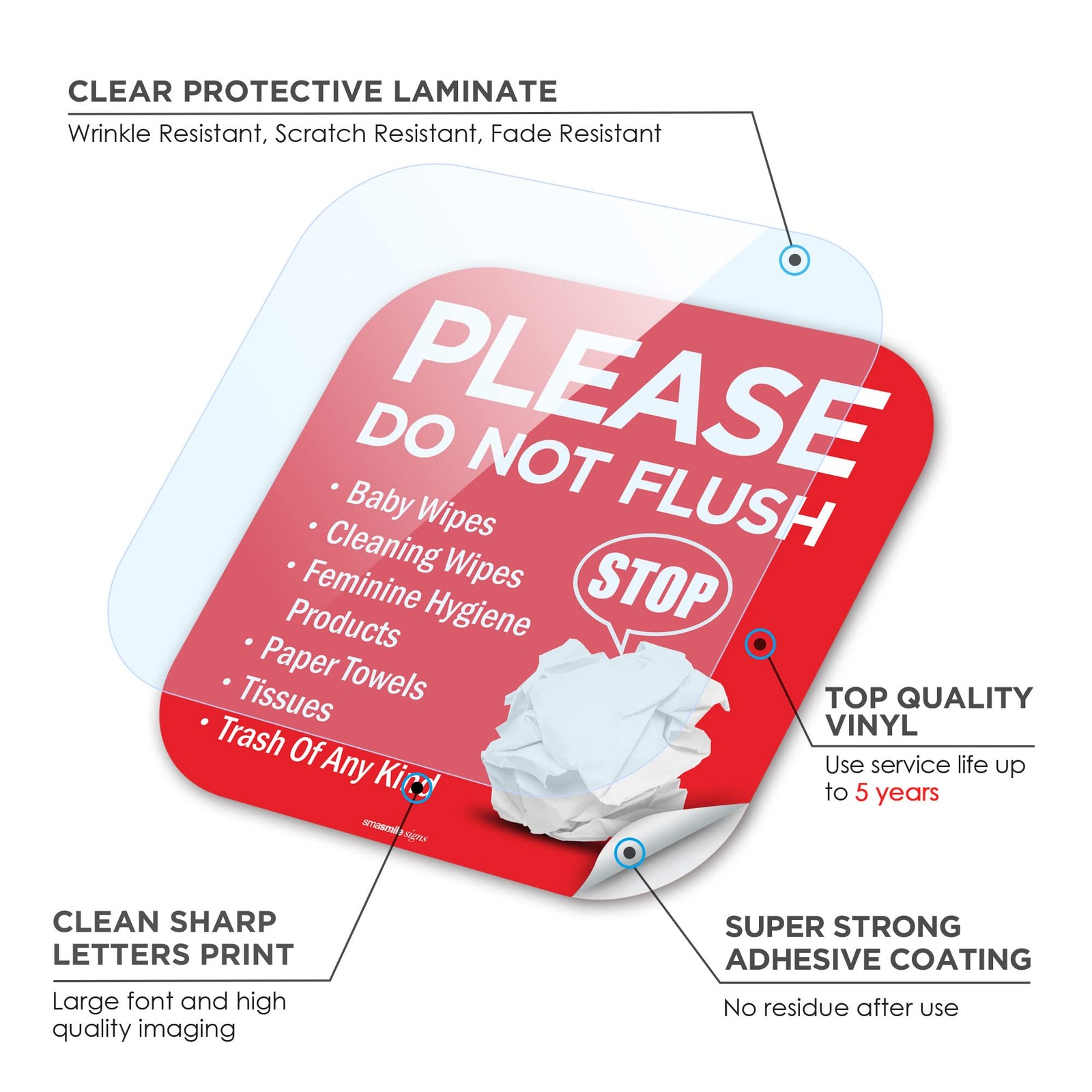 10 Pack 6×6 Inch Please Do Not Flush Sign Self Adhesive Decal Signs