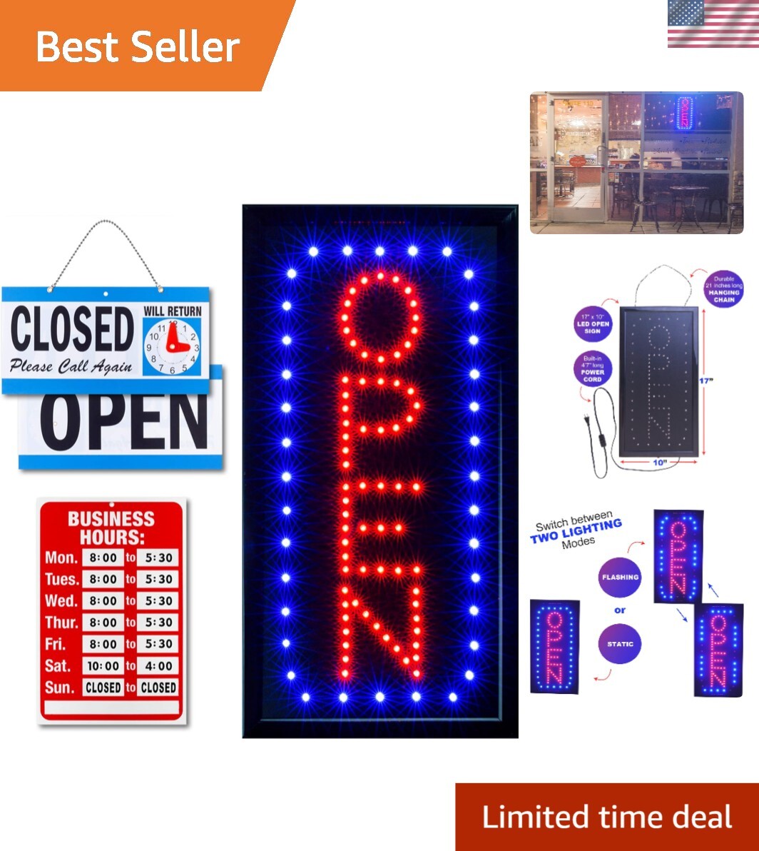 Vertical Neon Open Sign with Dual Modes & Included Closed Sign for Businesses