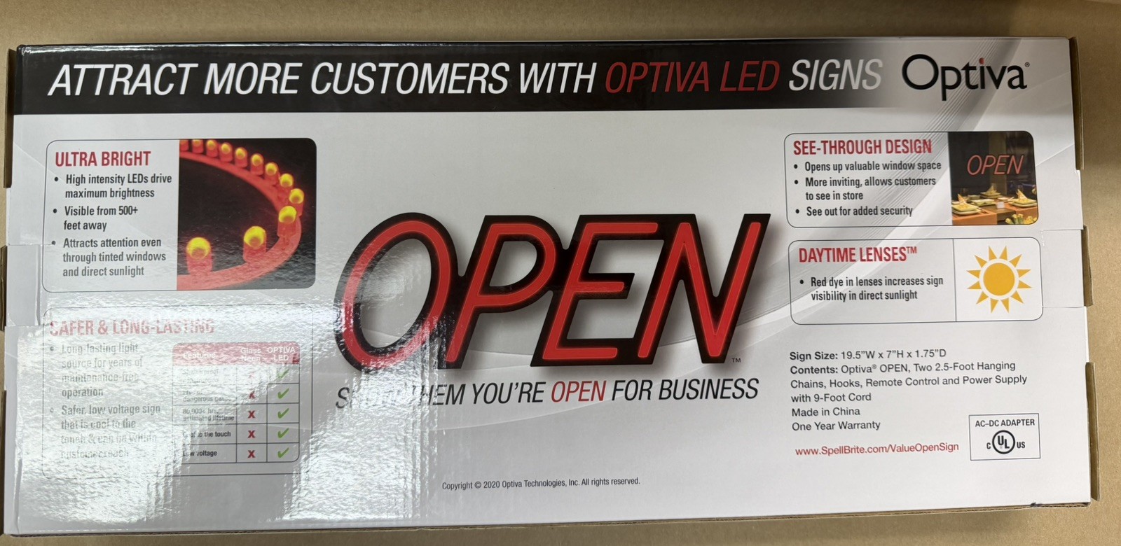 Optiva OPEN Sign 19.5&Prime; Ultra Bright LED Hanging Business Sign with Remote Contro