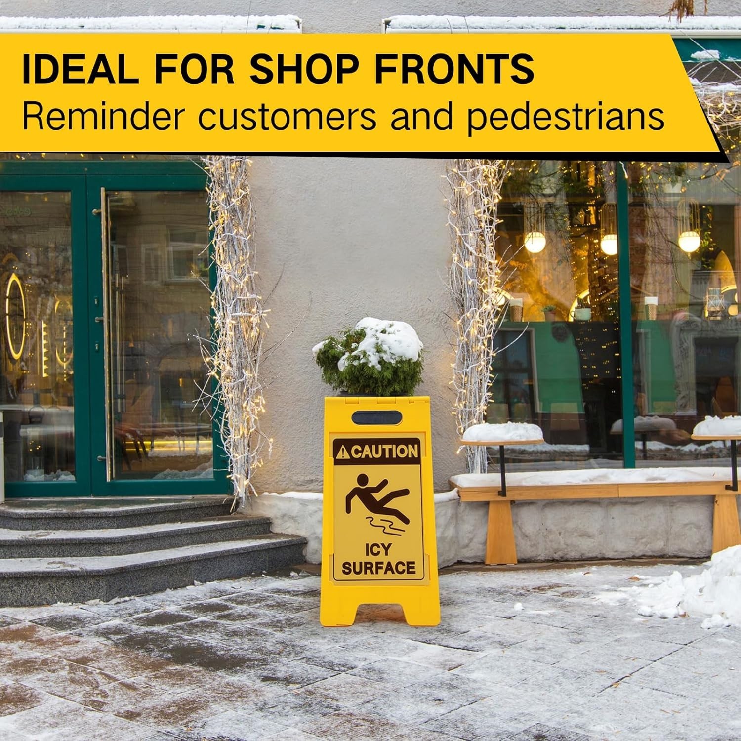 2 Pieces 24.5 x 12.6 Inch &lsquo;Caution – Icy Surface&rsquo; 2 Sided Folding Floor Sign …