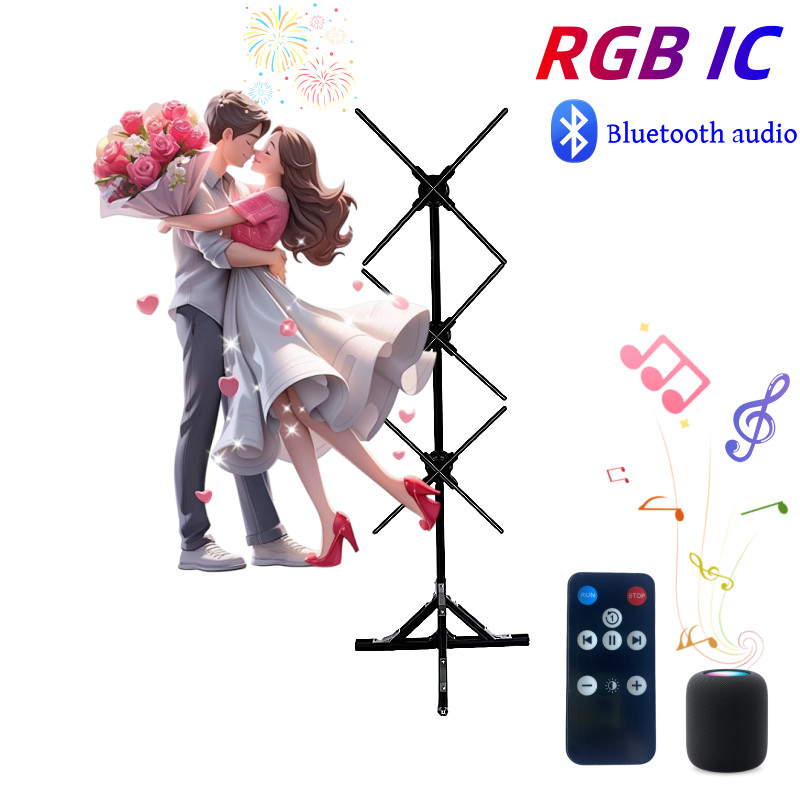 3D Holographic Fan Hologram 3-Fan Projector LED Light RGB Sign + Stand 63&Prime;
