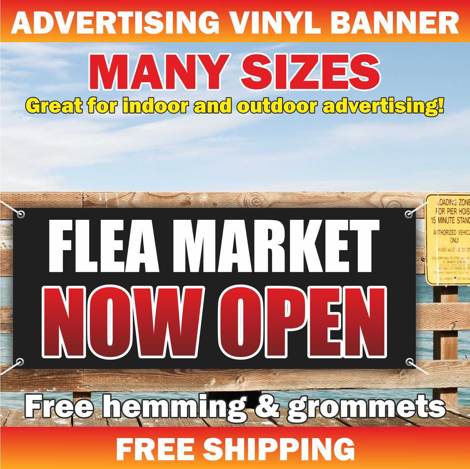 FLEA MARKET NOW OPEN Advertising Banner Vinyl Mesh Sign Antiques Collectibles