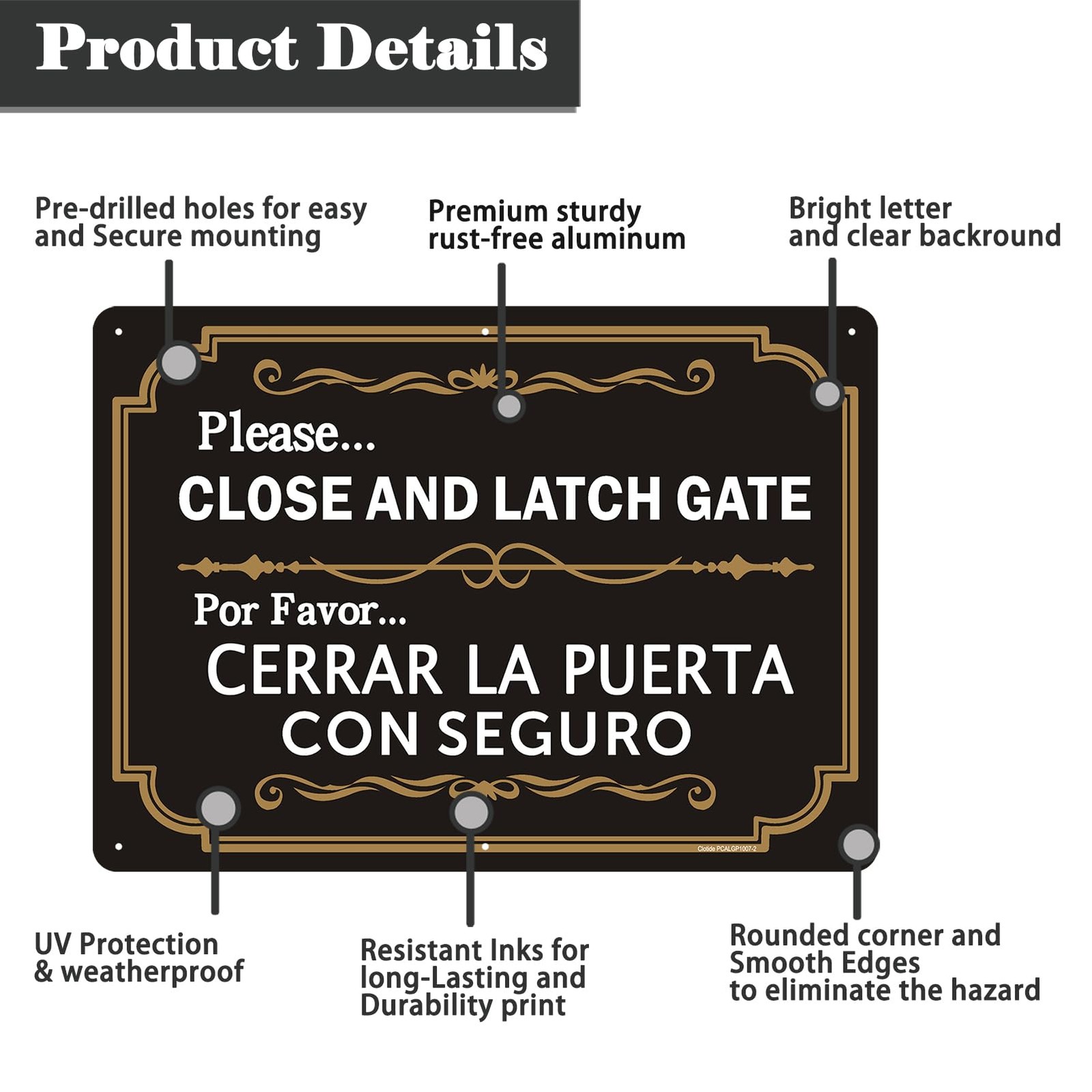 2 PCS Please Close Latch Gate Sign Bilingual Spanish Aluminum 10×7 Inch Safe