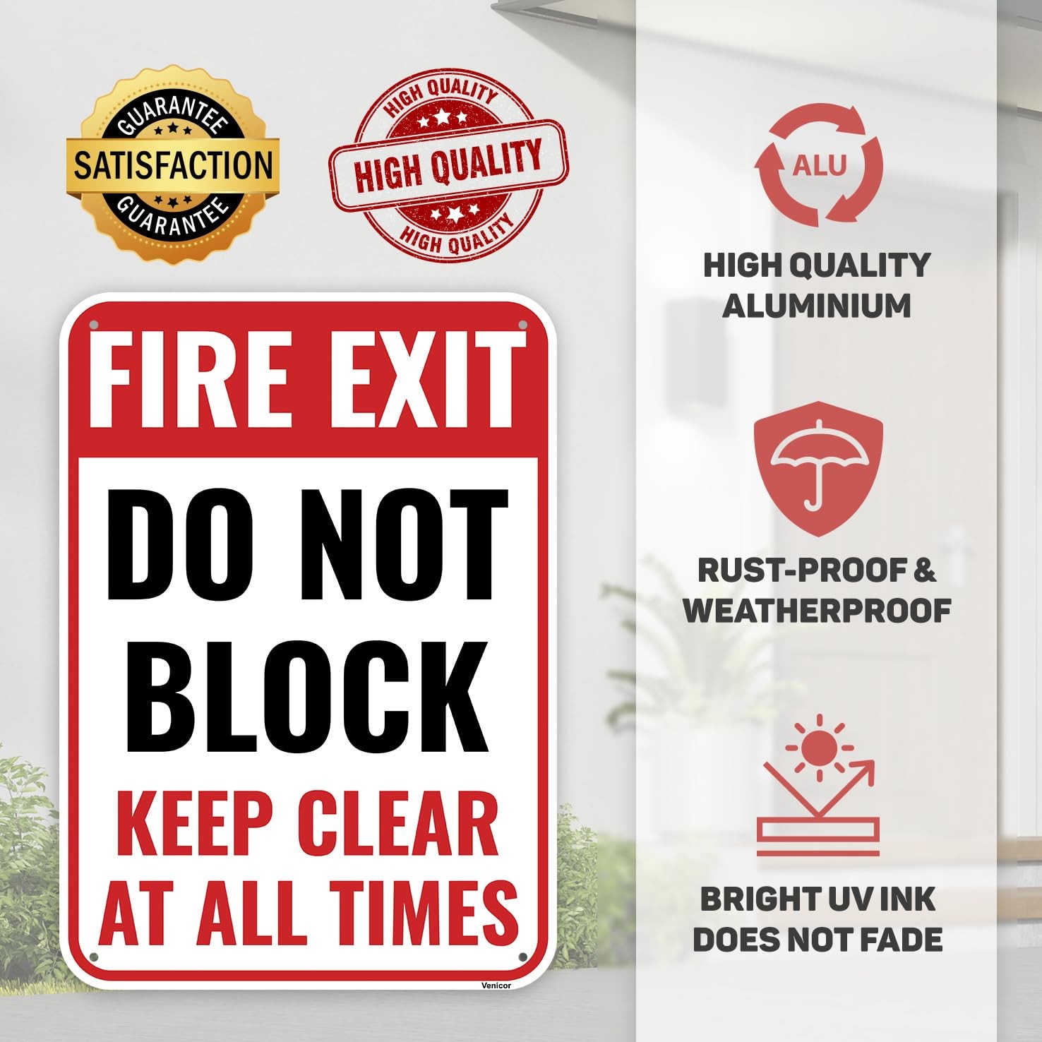 1 PCS 14×10 Inch Aluminum Fire Exit Do Not Block Door Keep Clear Signage Tool