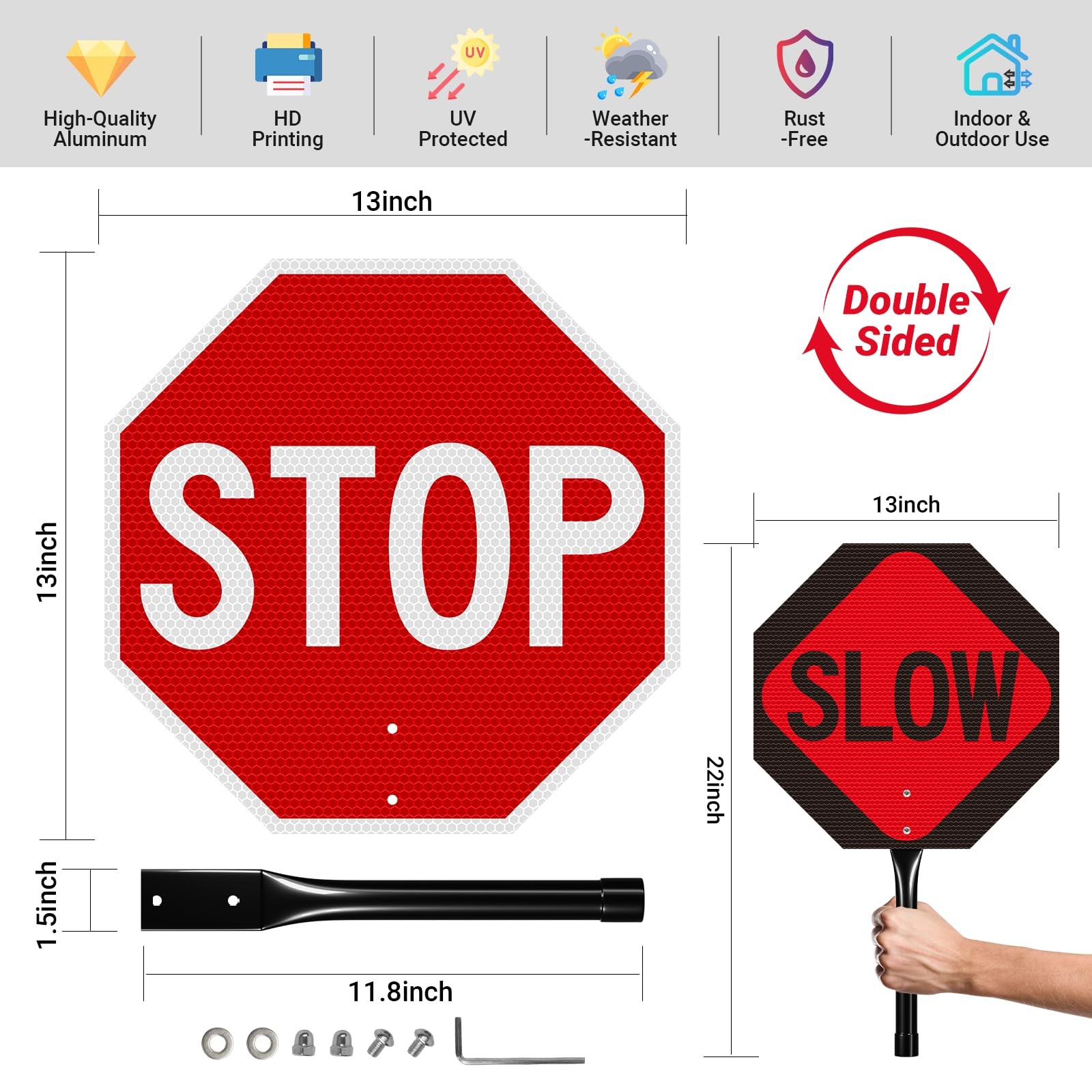 13×13 Inch Double Sided Stop/Slow Traffic Sign Aluminum Reflective With Handle