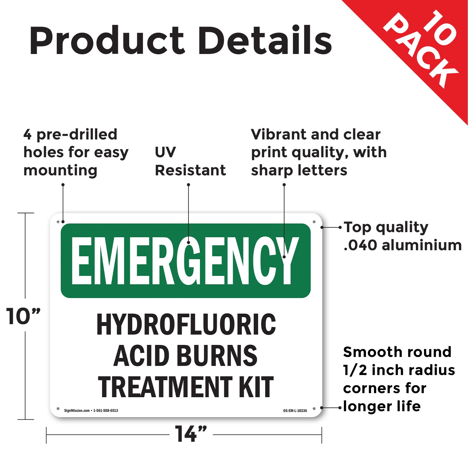 Hydrofluoric Acid Burns Treatment Kit OSHA Emergency Sign, Decal 5 or 10 Pack