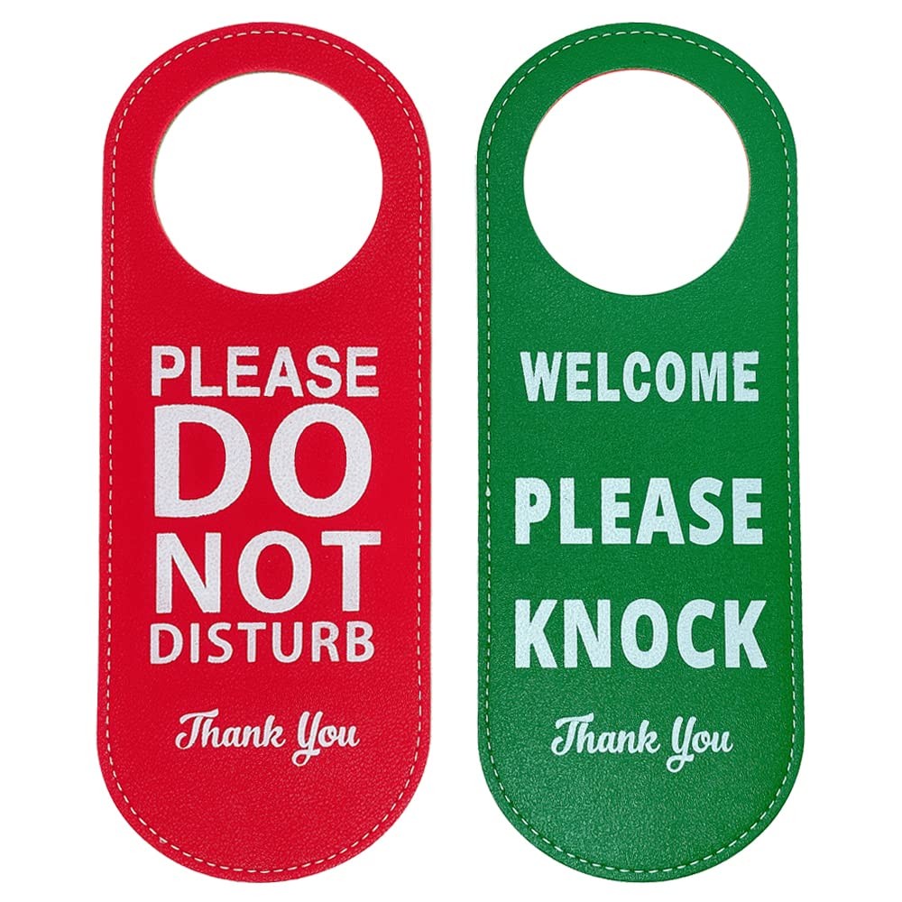 2 Pack PU Leather Do Not Disturb Door Hanger, Double Sided, Red, Green, Sign