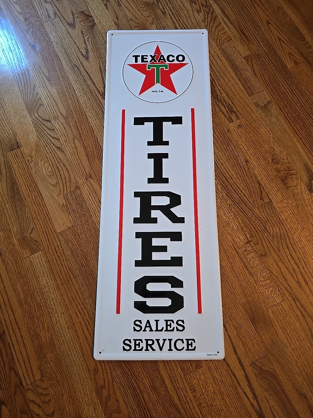 New Texaco Tires Sign, Approximately 42″ x 14″; White, Red, and Black.