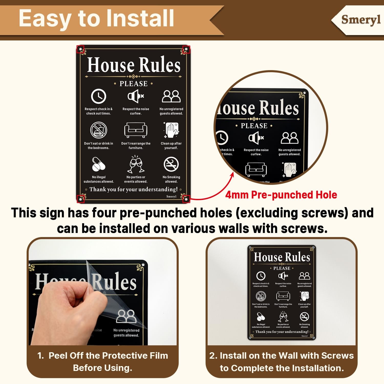 2 Pack 10×7 Inch Vacation Rental House Rules Signs Acrylic SelfAdhesive
