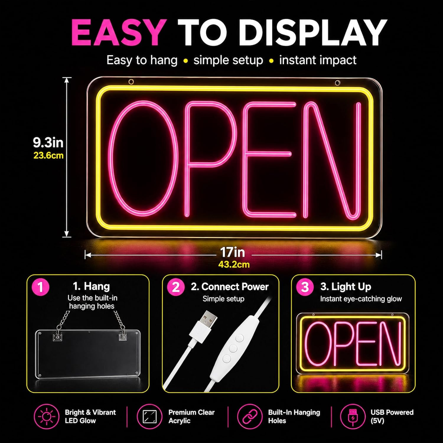 LED Open Sign Neon Light 17&Prime; X 9.3&Prime; for Business Window Yellow + Rose Red