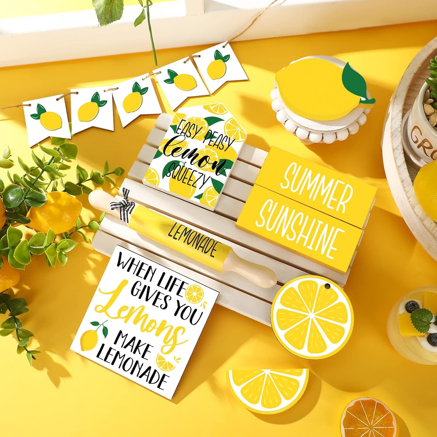 14 Pcs Summer Lemon Tiered Tray Decor Set Summer Table Decoration Lemonade Woode