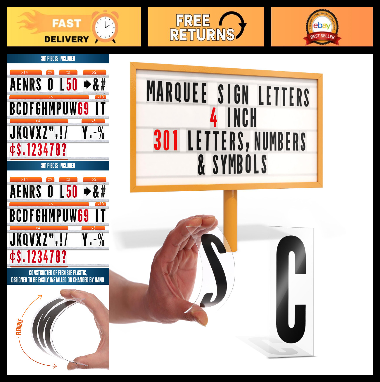 Changeable Marquee Letters & Numbers Set, 4&Prime; Plastic Acrylic Sign for Outdoor Us