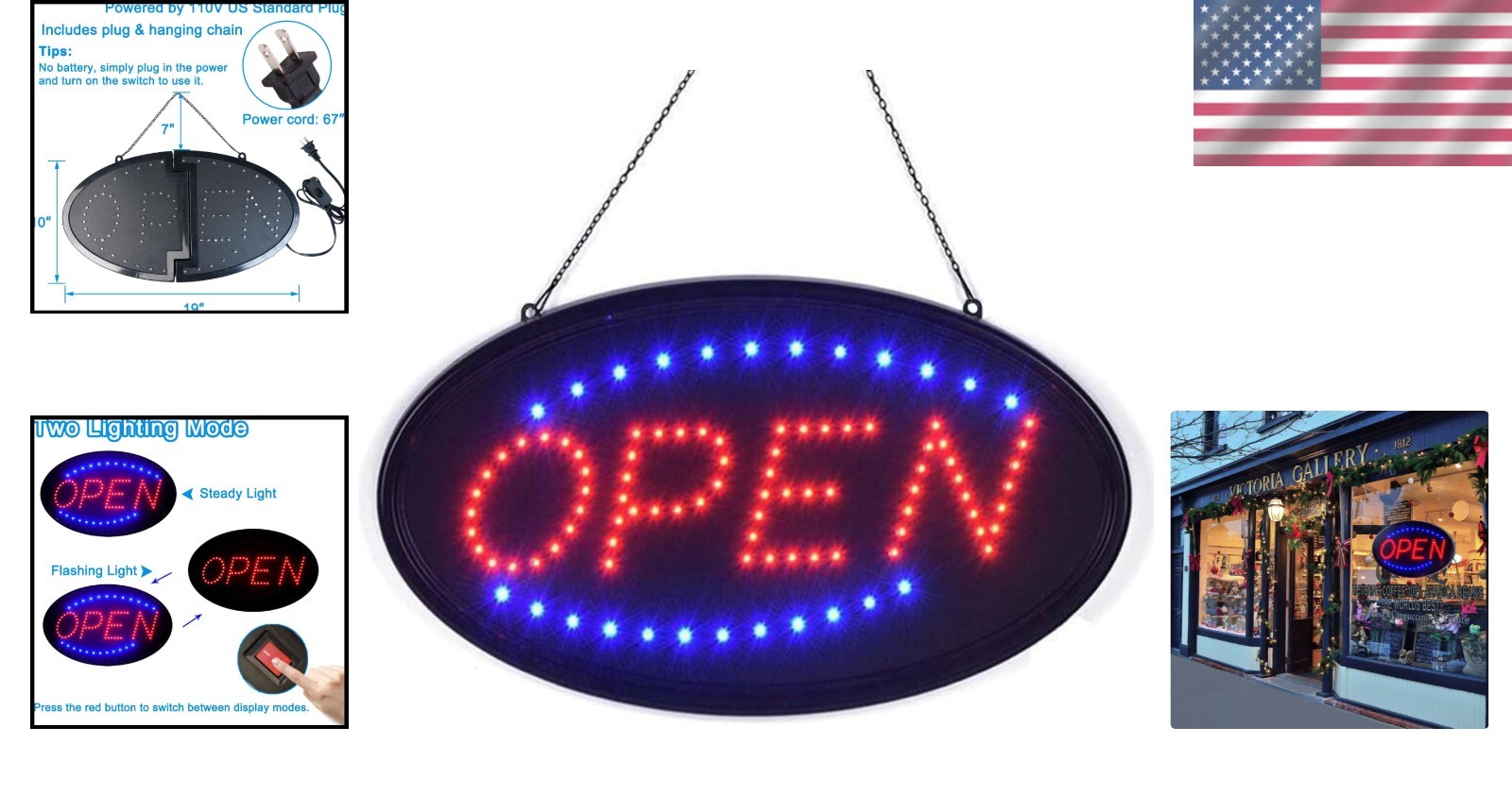 LED Open Sign 19&Prime;x10&Prime; – Eye-Catching Flashing Business Display for Wall Mount