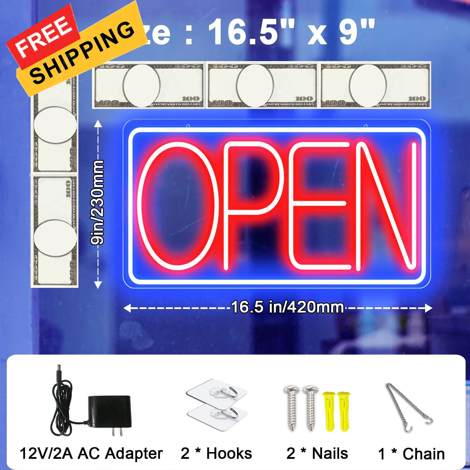 16.5&Prime; X 9&Prime; Led Neon Open 16.5×9 inch with AC Adapter, Blue/Red-Horizontal