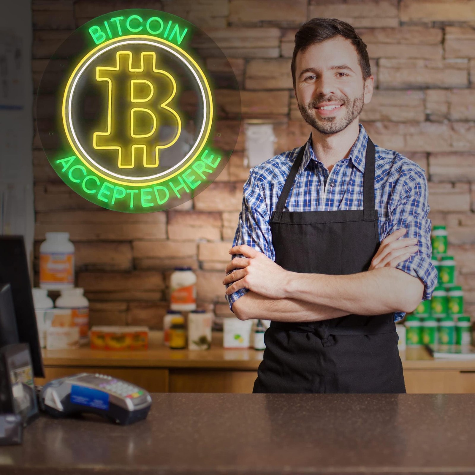 BITCOIN ACCEPTED HERE Neon Sign for Displays | LED Flex Neon | 26&Prime;W x 26&Prime;H