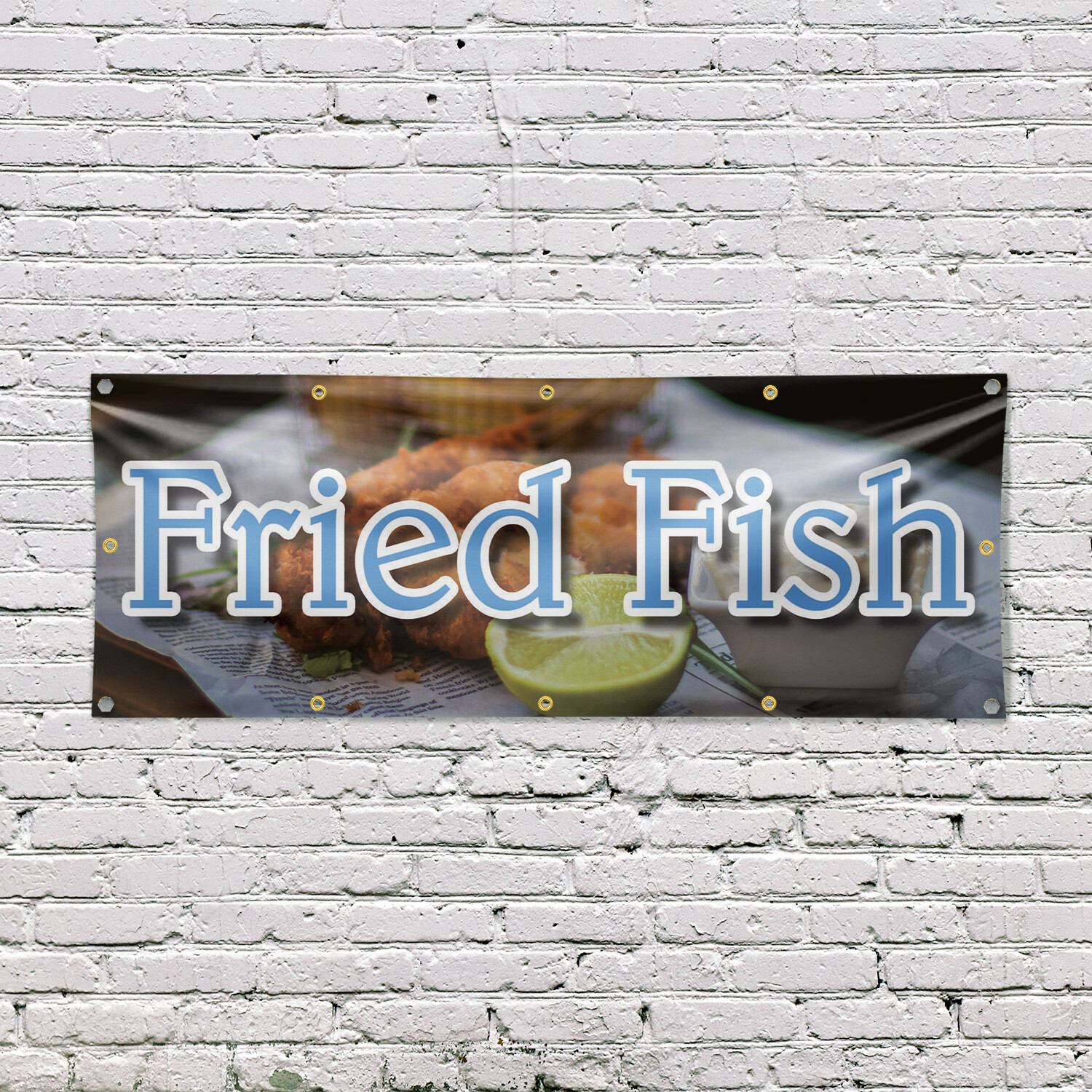 Fried Fish 13 oz Vinyl Banner Sign with Metal Grommets Heavy-Duty Single-Sided