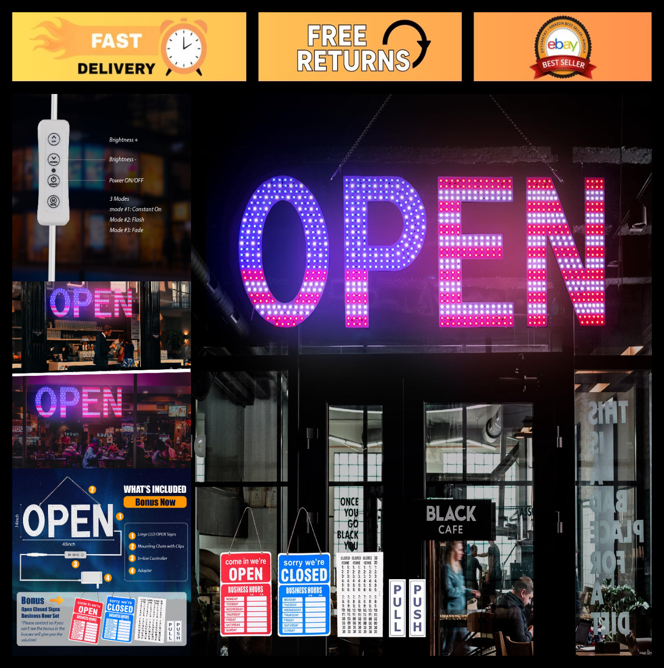 Large LED Open Sign for Business – 40&Prime;x14&Prime; Ultra Bright Light Up Display, 3 Mode