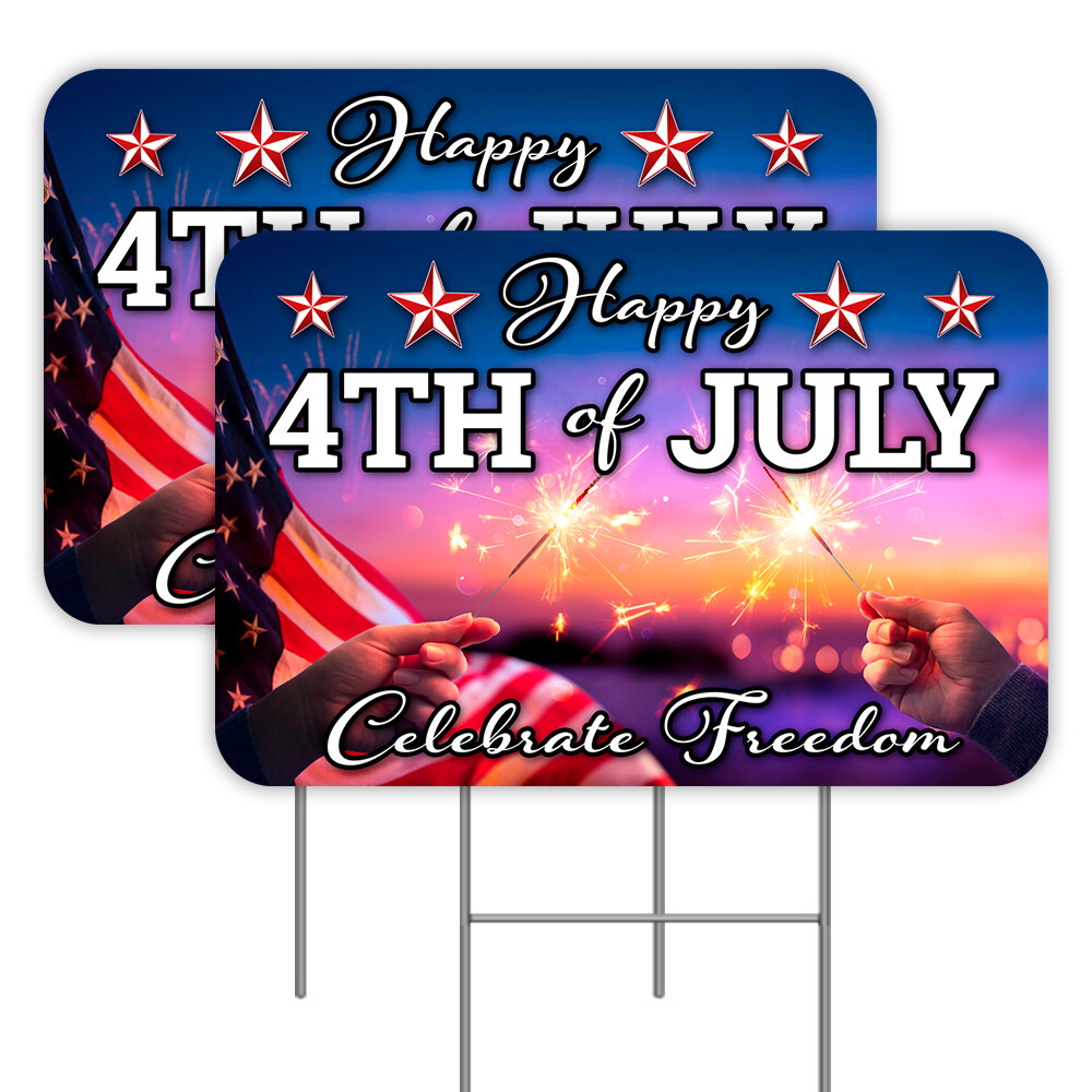 Happy 4th Of July 2 Pack Double-Sided Yard Signs 16&Prime; x 24&Prime; with Metal Stakes (Ma