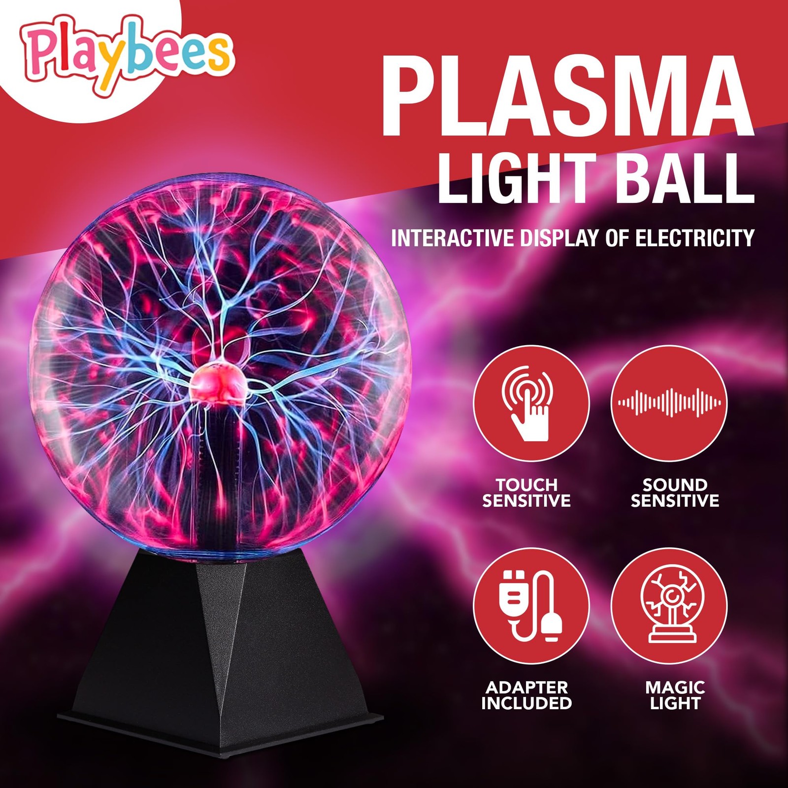 Playbees Red Plasma Ball – 7 Inch – Tesla Coil Bulb Static Electricity in