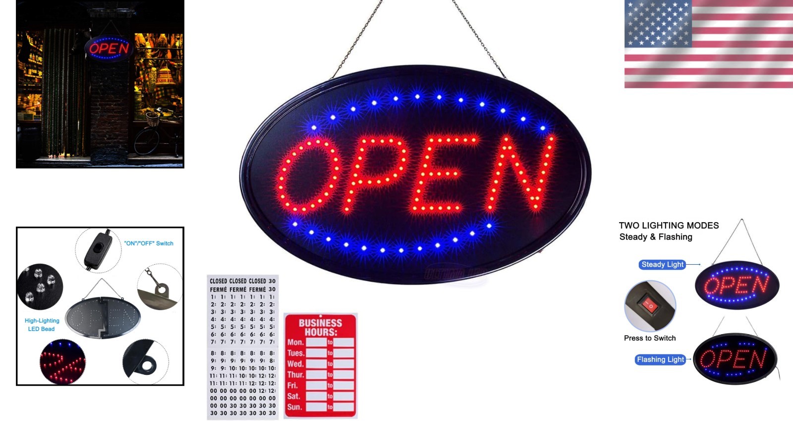 Wall-Mounted 19&Prime;x10&Prime; LED Open Sign with Stainless Steel Chain for Easy Setup