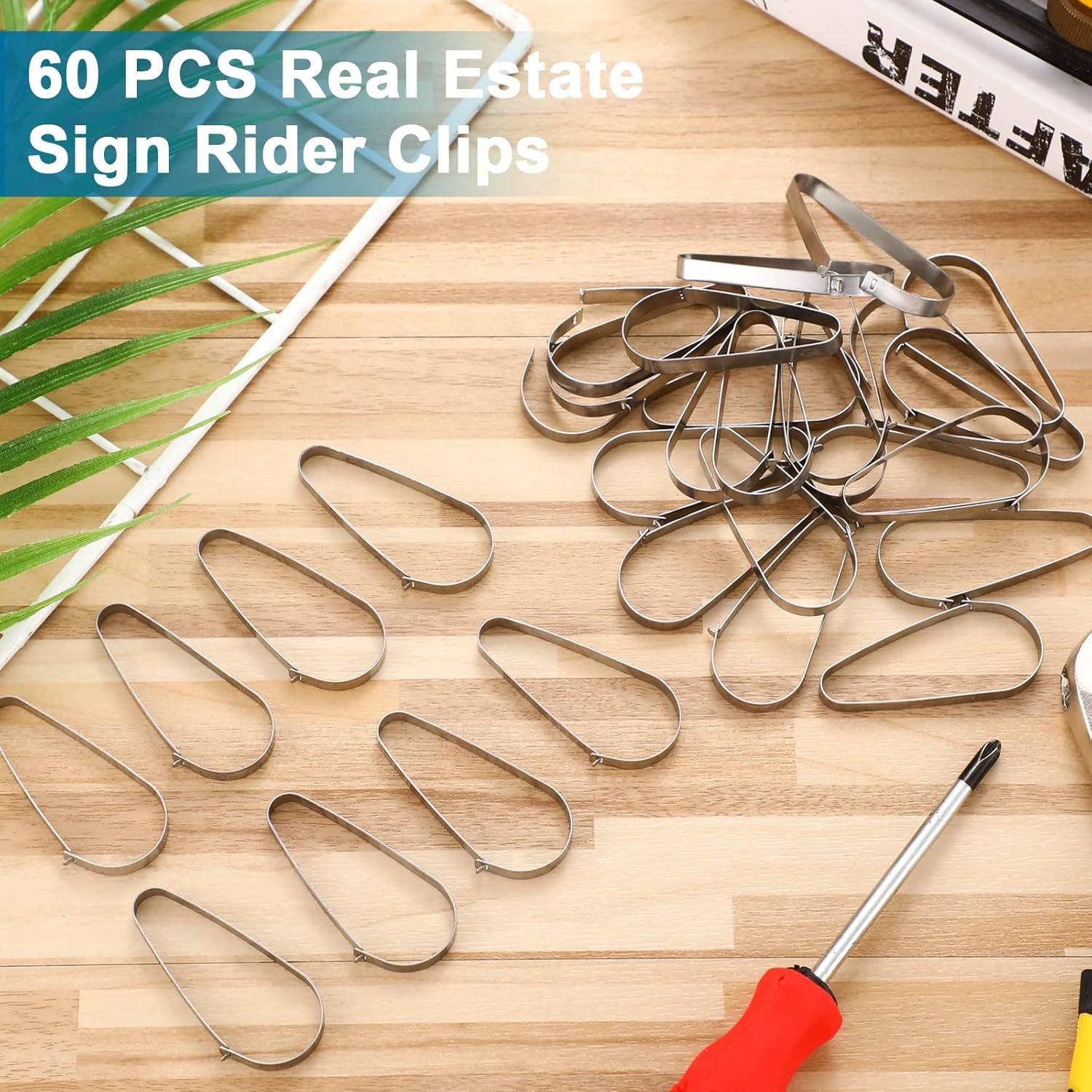 Sosation 60 Pieces Stainless Steel Real Estate Sign Rider Clips Metal Silver