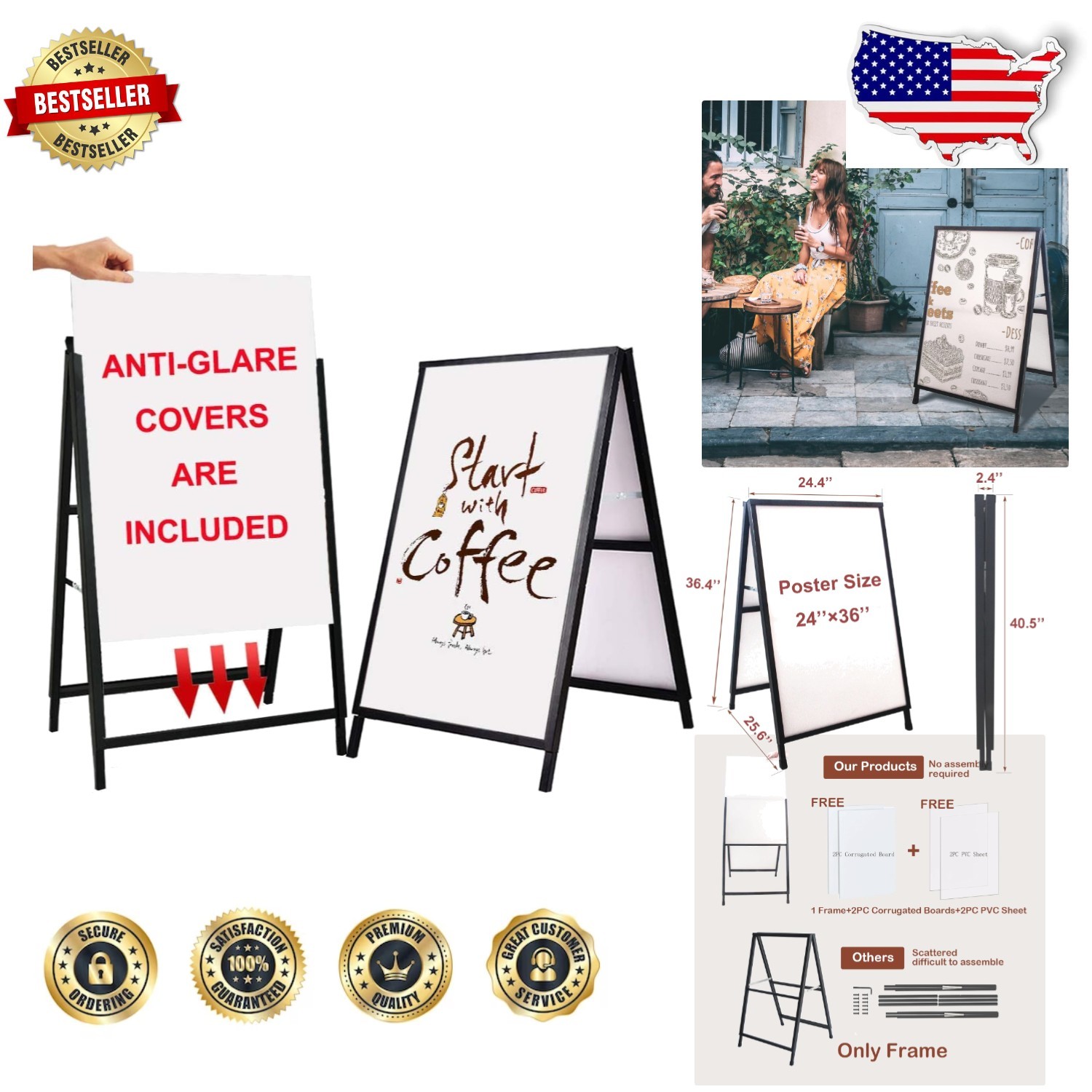 Outdoor Sidewalk Sign A Frame 24×36 – Durable Iron, Includes 2 Anti-Glare Covers