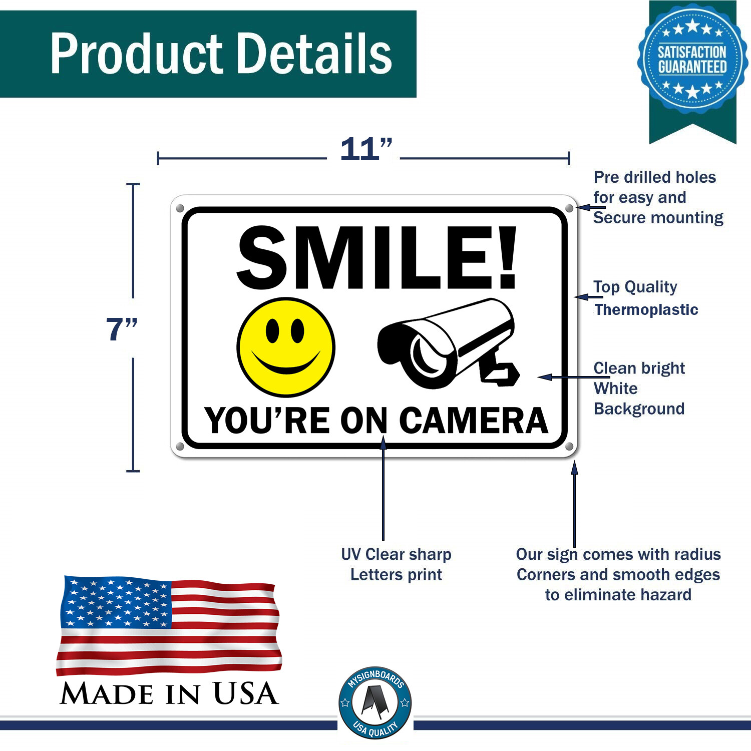Smile You&rsquo;re on Camera Sign Video Surveillance Signs 11&Prime;x 7&Prime; UV Protected cctv