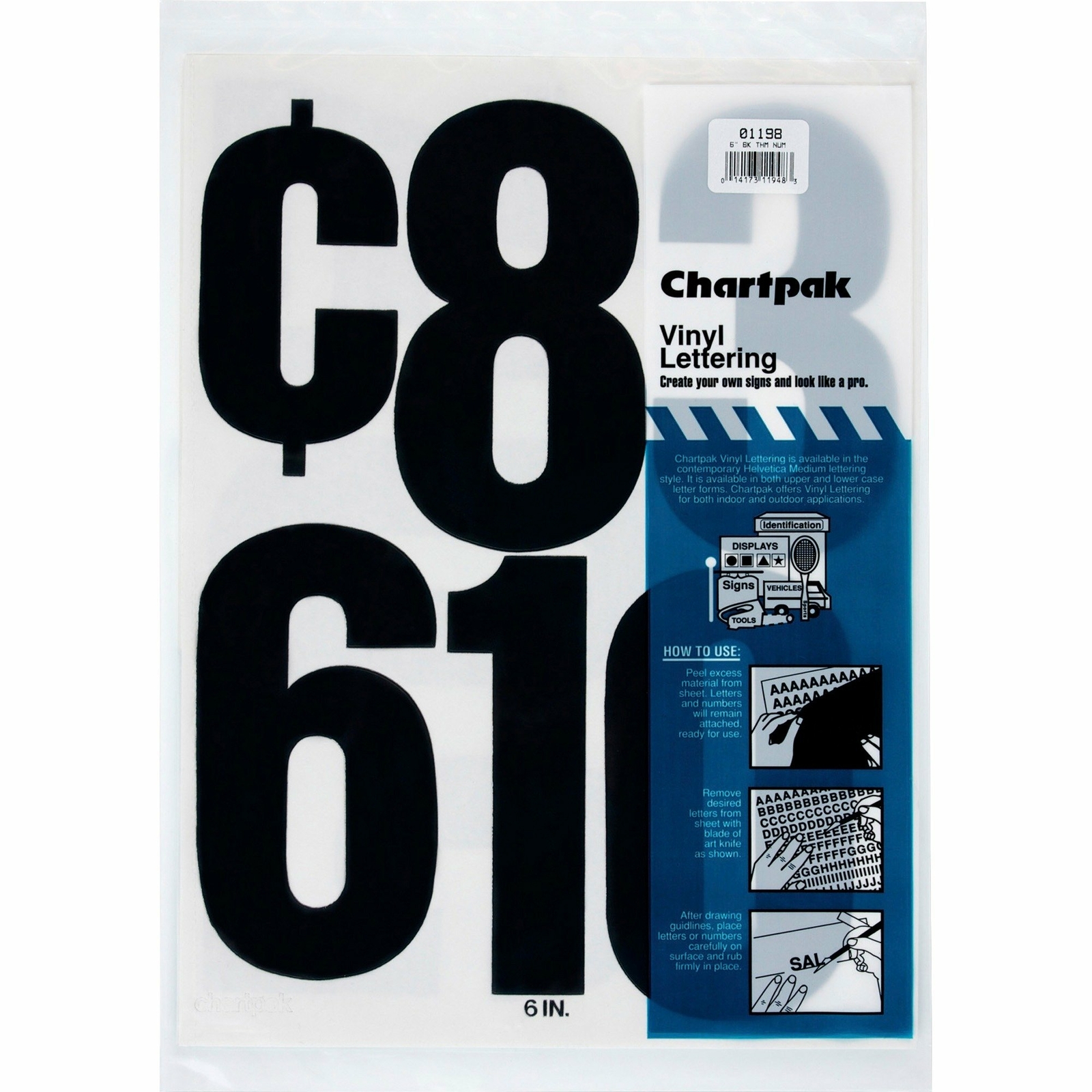 Chartpak Press-On Vinyl Numbers, Self Adhesive, Black, 6&Prime;h, 21/Pack