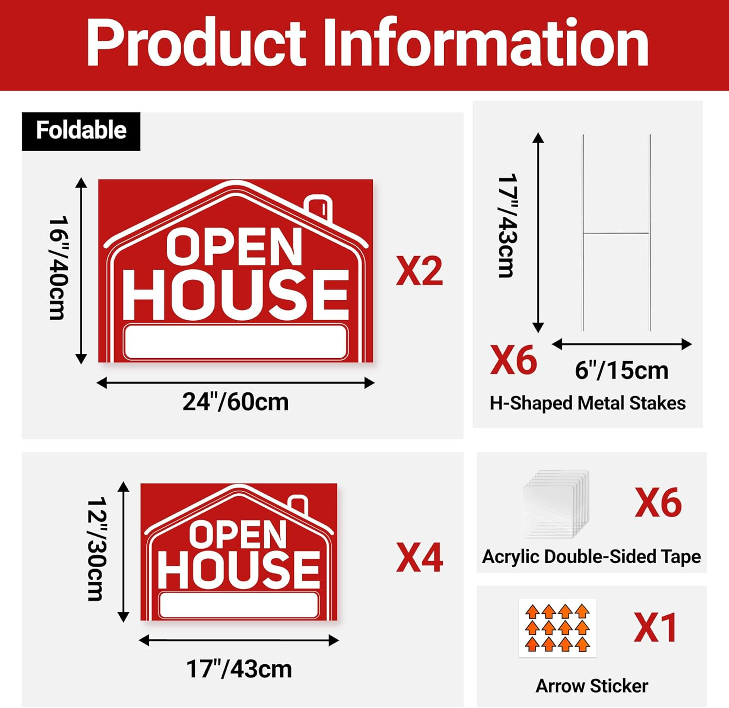 6 Pcs Open House Signs for Real Estate, 2 Pcs 24&Prime; x 16&Prime; and 4 Pcs 17&Prime; x 12&Prime; Open