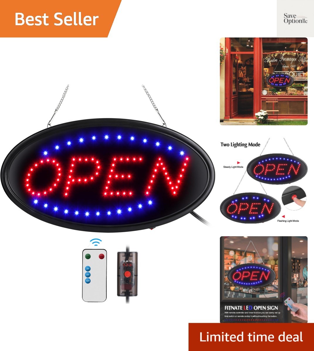 LED Open Sign, 19&Prime;x10&Prime;, with Remote, Timer & Flash/Steady Modes | Ultra brigh…