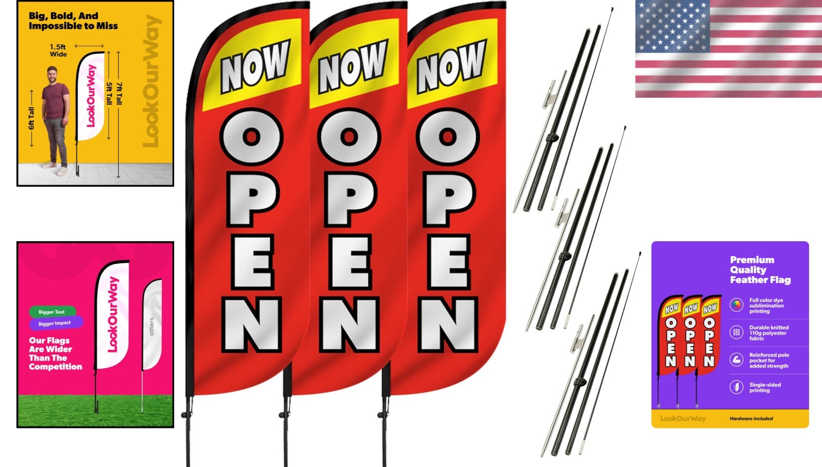 7ft Tall Advertising Flags with Poles – Open Red & Yellow