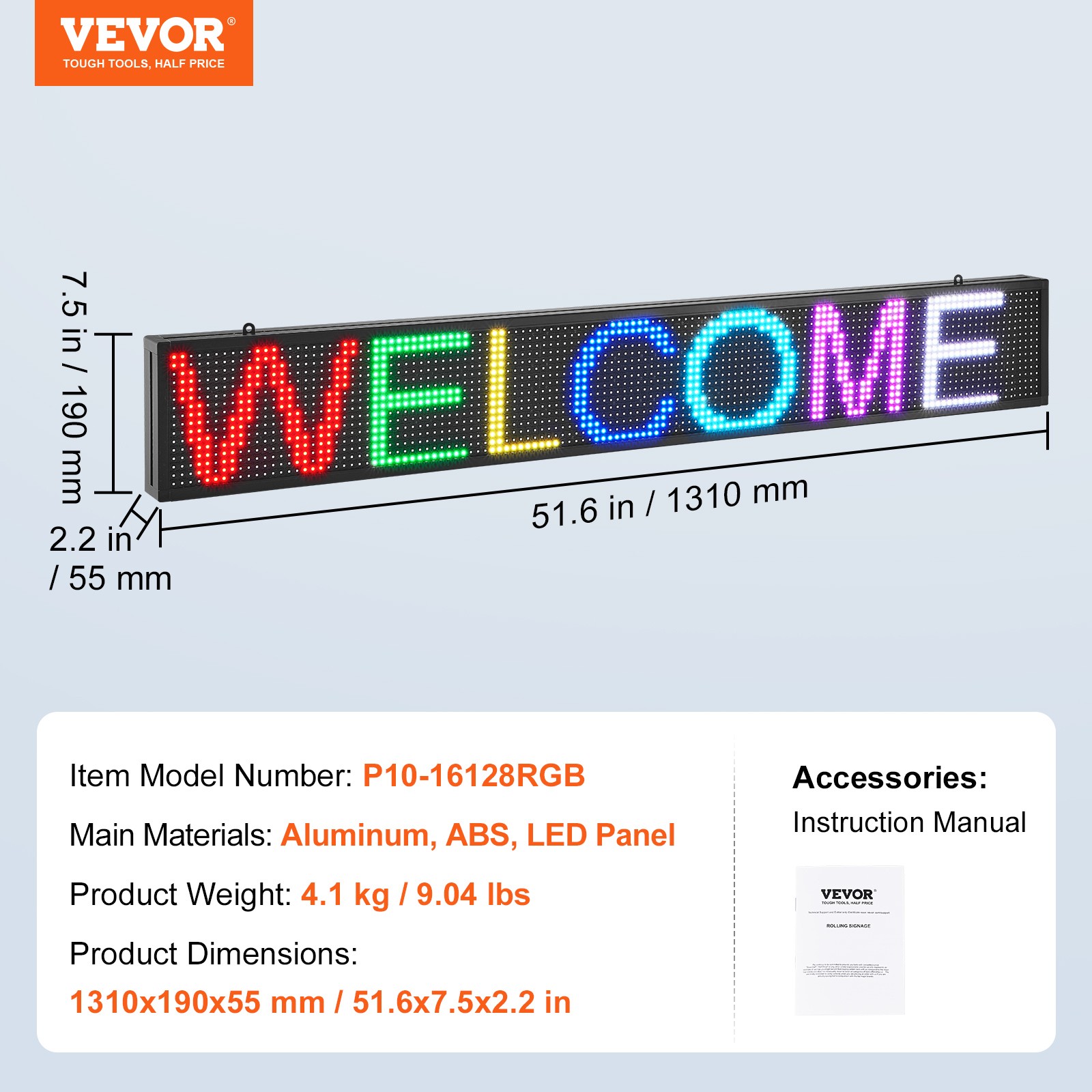 VEVOR 52&Prime;x8&Prime; Programmable LED Sign Scrolling Display Board P10 Full Color