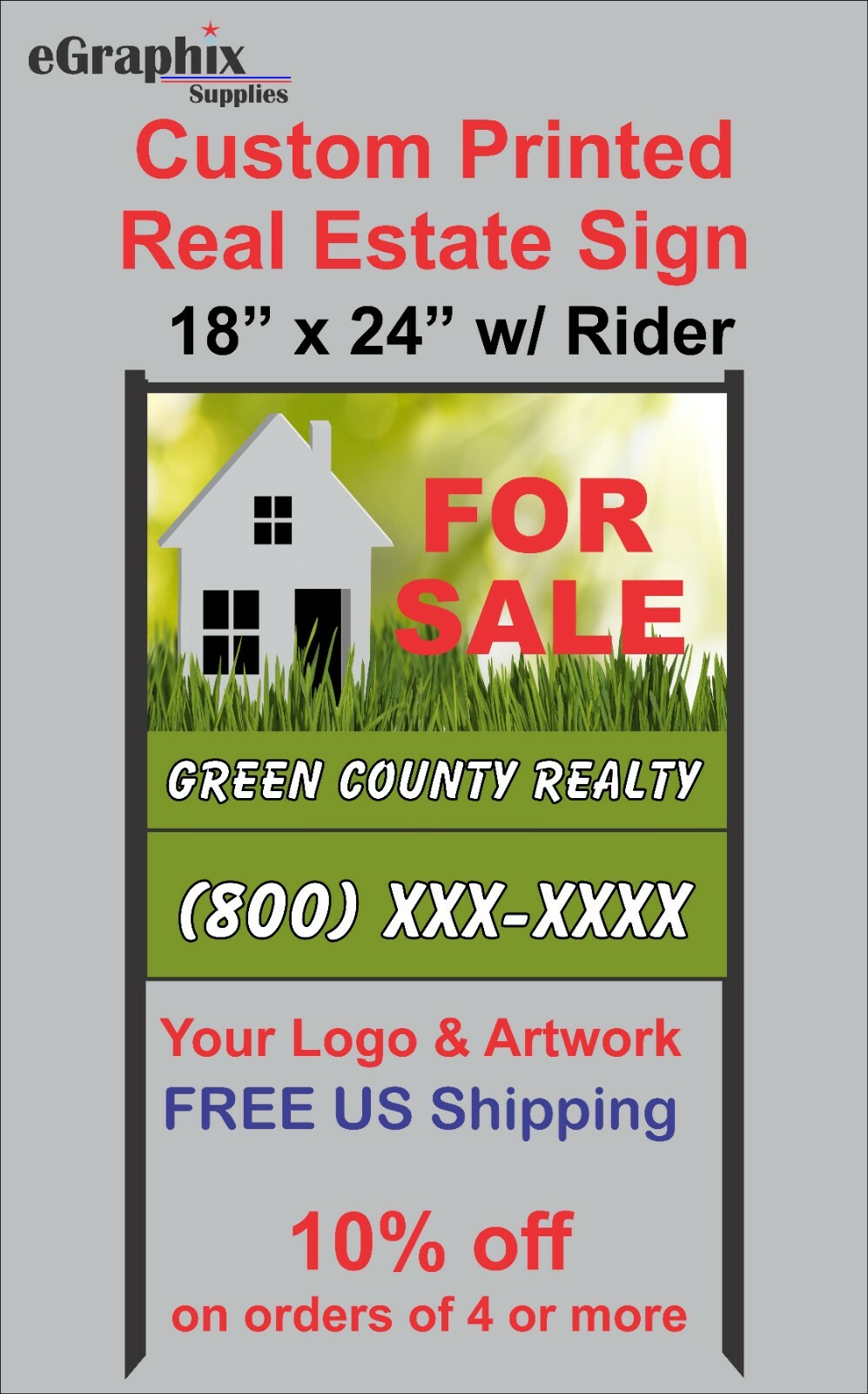 Custom Printed Real Estate Sign, 18&Prime; x 24&Prime; Alum with H-Style Black Metal Frame