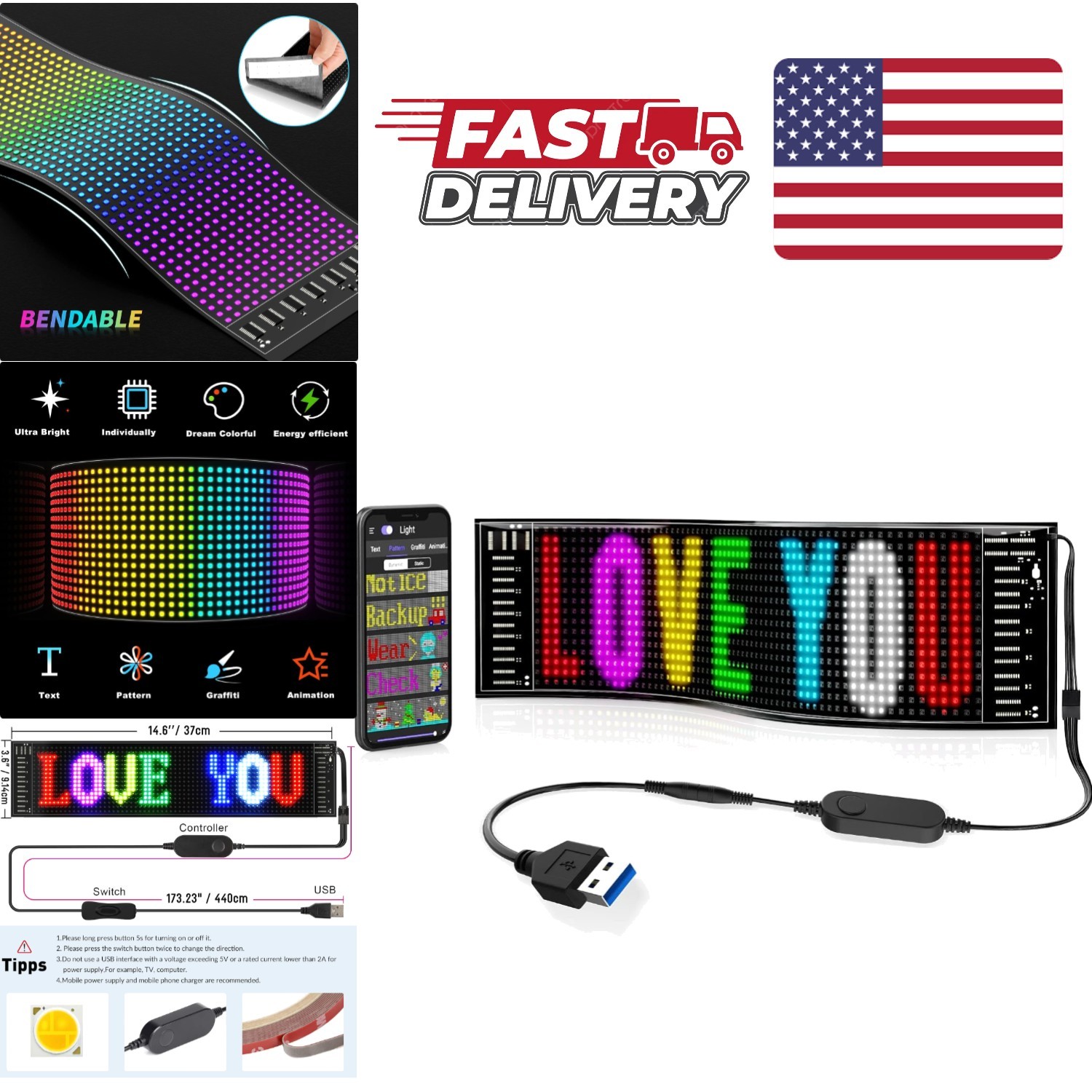 RGB LED Display Sign 15 Inch App Controlled Customizable for Events and Stores