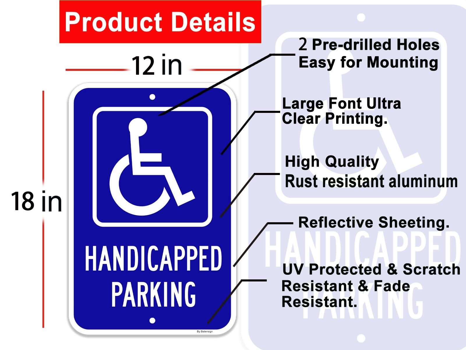 Handicap Parking Signs x 2 Pack, 12 x 18, Reflective Aluminum, Waterproof.