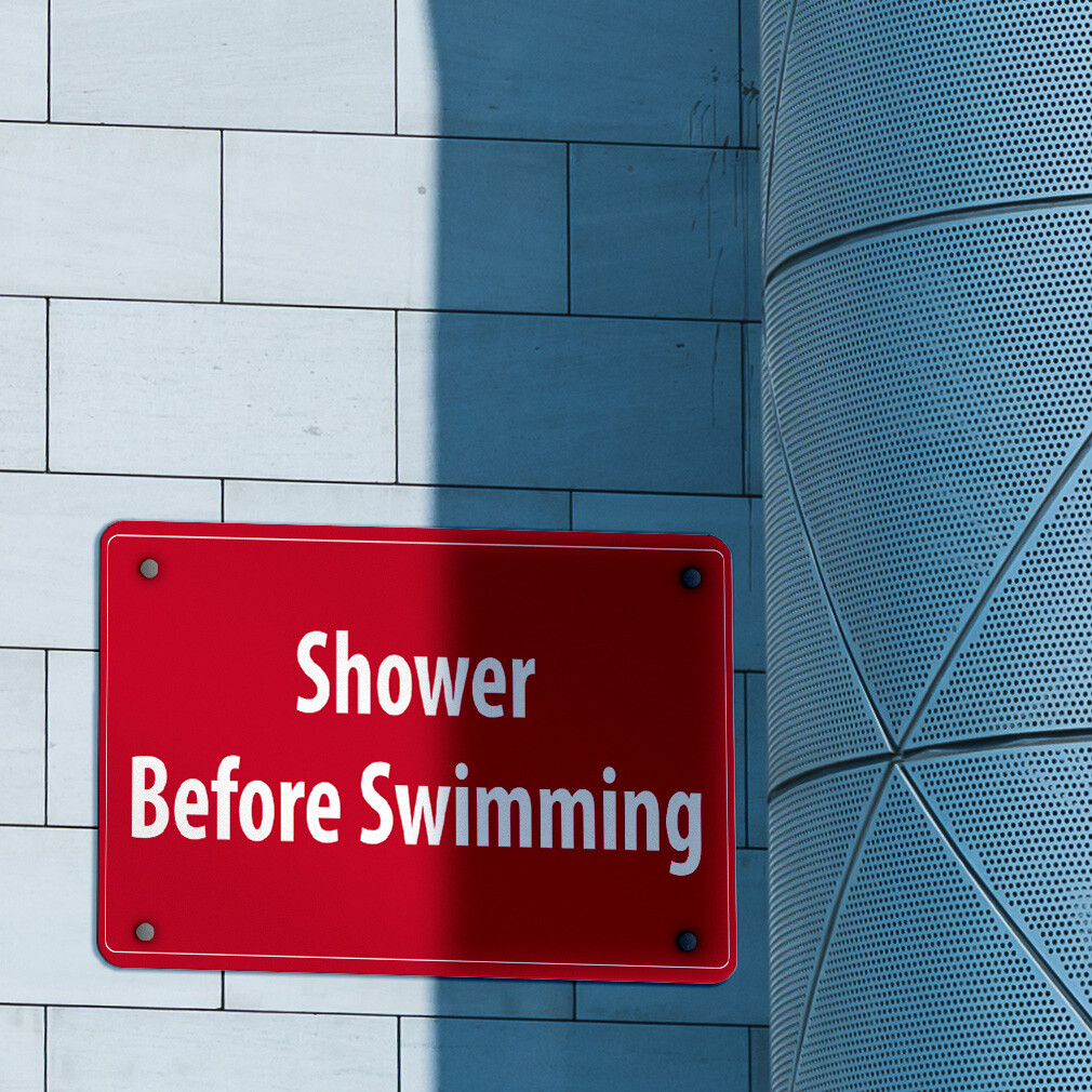 Horizontal Metal Sign Shower Before Swimming Activity Pool Red