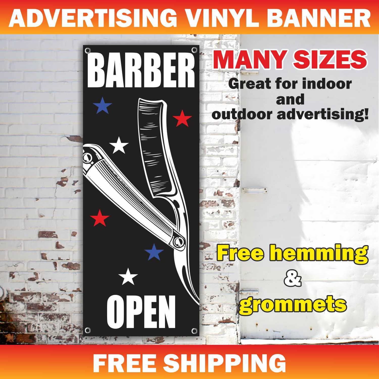 BARBER OPEN Advertising Banner Vinyl Mesh Sign shop beauty salon cut nail hair