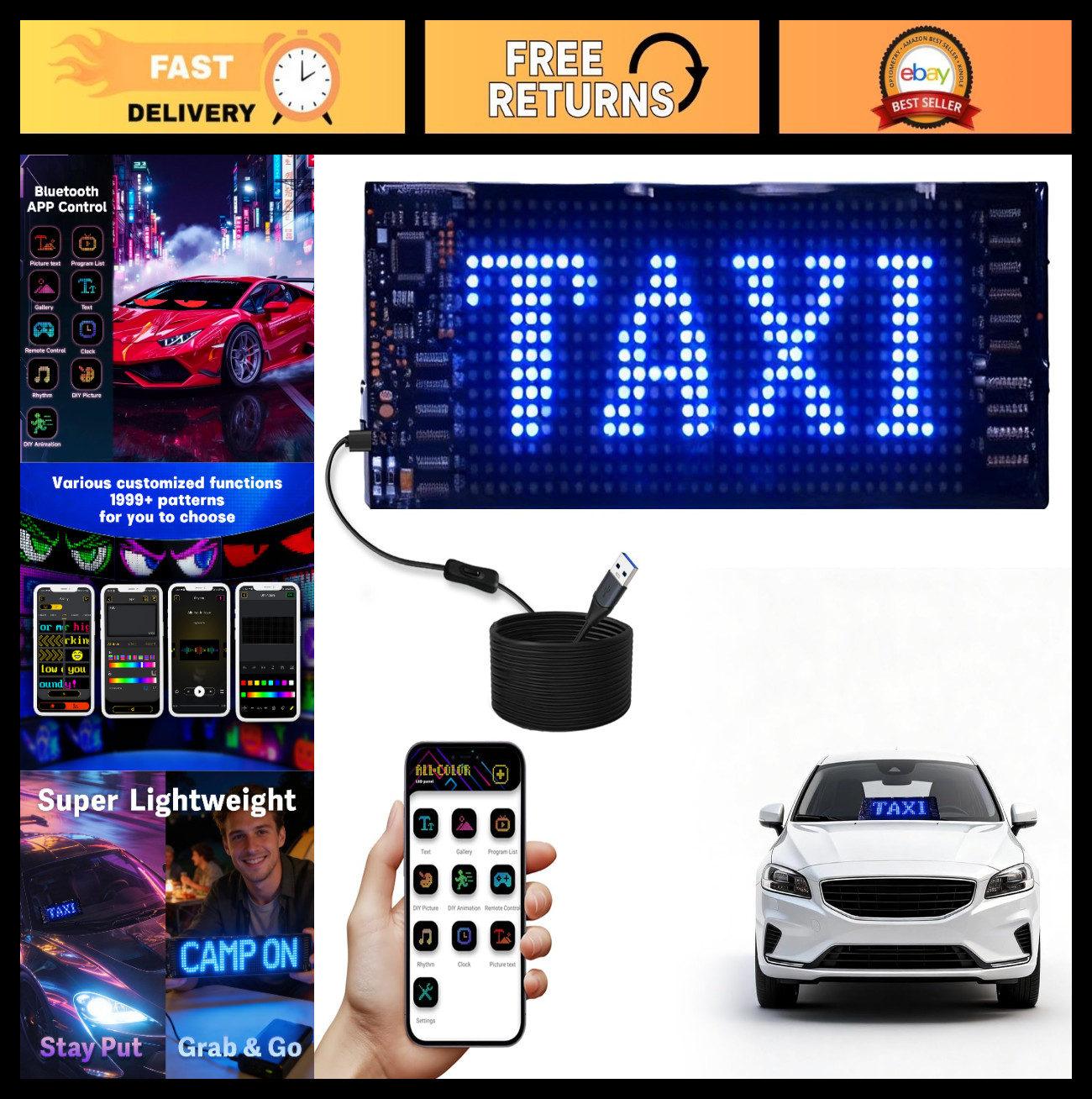 Programmable LED Car Sign 7 »x3 » Bluetooth App Control Scrolling Text Display f