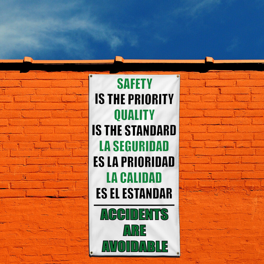 Vertical Vinyl Banner Multiple Sizes Safety Priority Quality Standard Spanish