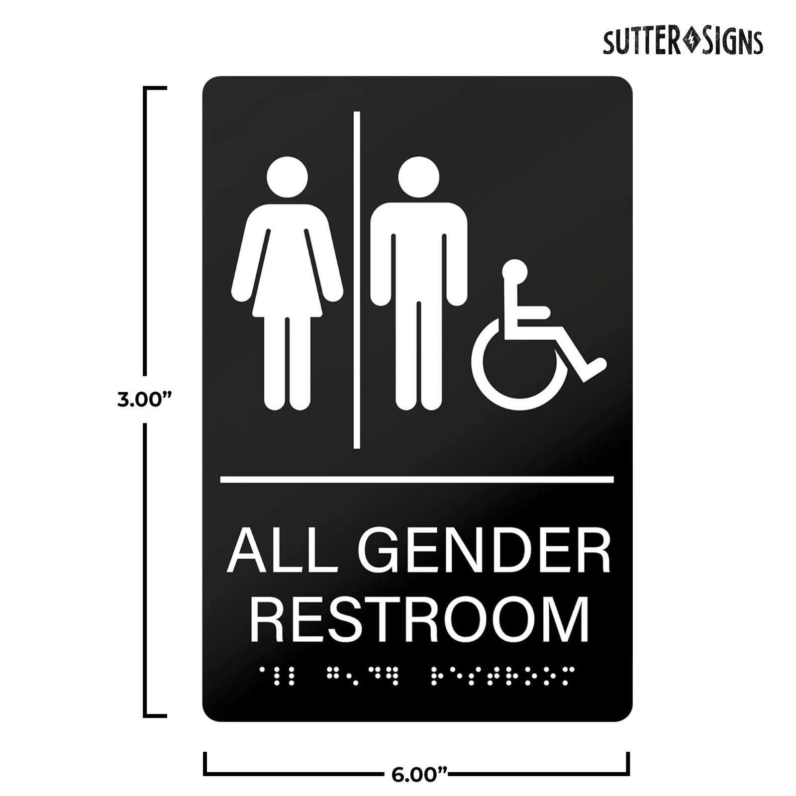 All Gender Restroom Sign 6×9 Inch Braille Gender Neutral Accessible Black/White
