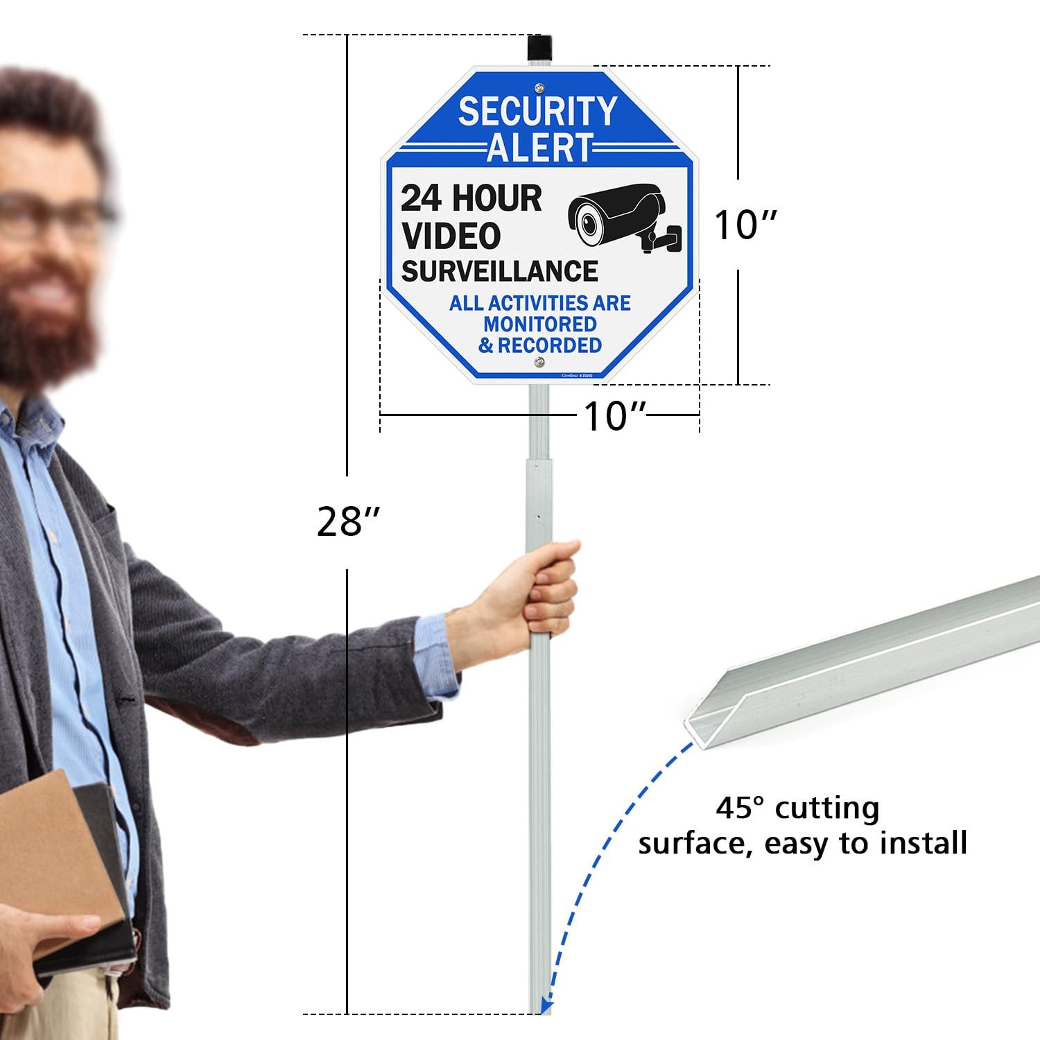 Video Surveillance Sign Stake 10×10 28&Prime; Yard Sign Reflective Aluminum 2 Outdoor
