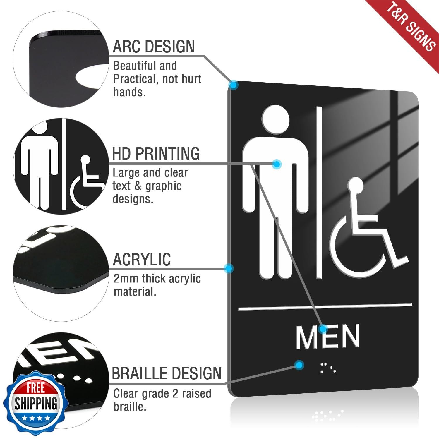 TandR ADA Braille Unisex Bathroom Signs, Men Women Signs – 2 Pack – 9 x 6 Inc