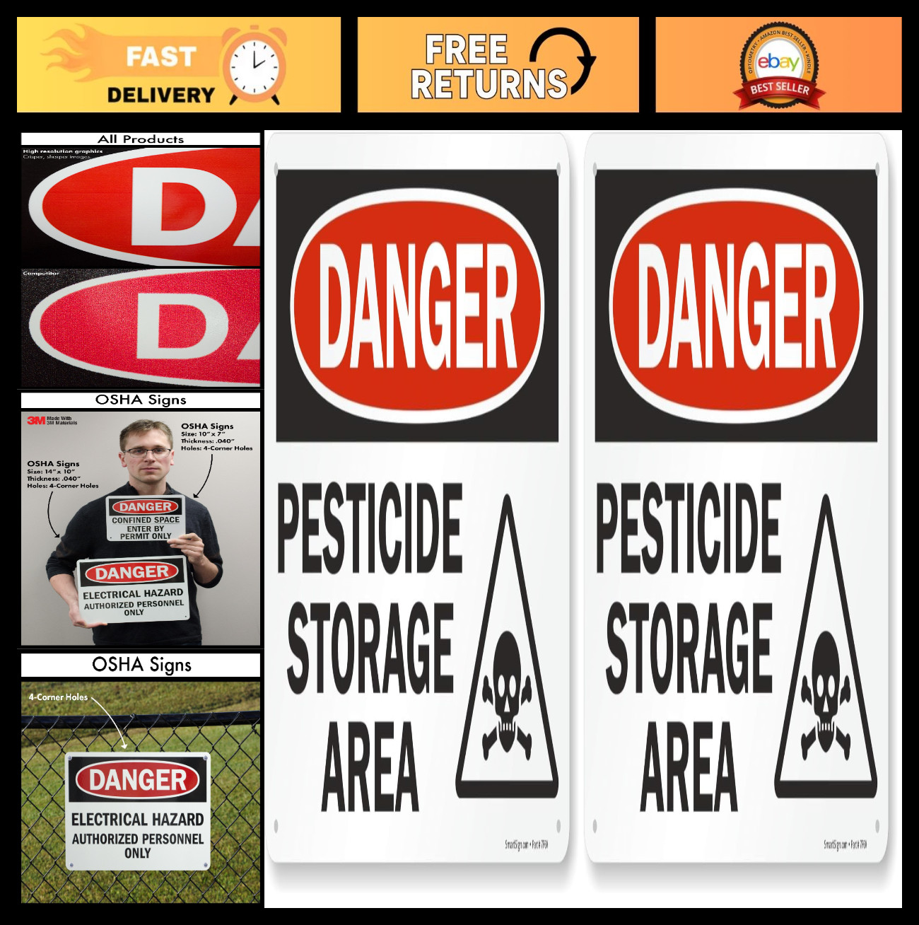 Danger Pesticide Storage Area Sign – 10&Prime; x 14&Prime; Plastic Safety Signs (2 Pack)