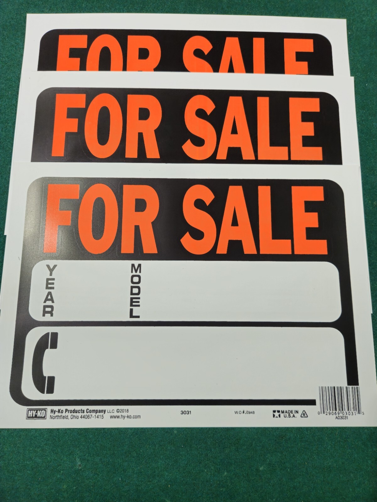 3 new Hy-Ko Auto/Boat For Sale Plastic Sign Orange/Black 8.5&Prime; x 12&Prime; A03031