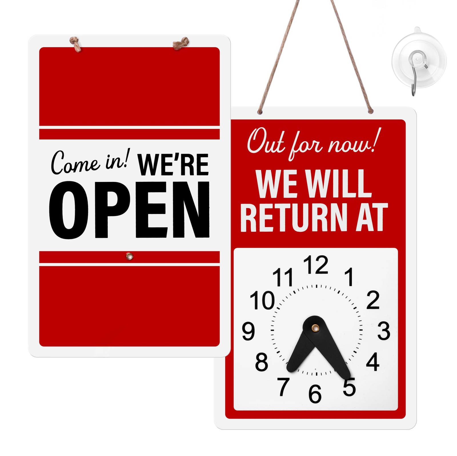 Sign with Adjustable Clock Two Sided 9.25&Prime; x 5.75&Prime; Twine Suction Cup Hook