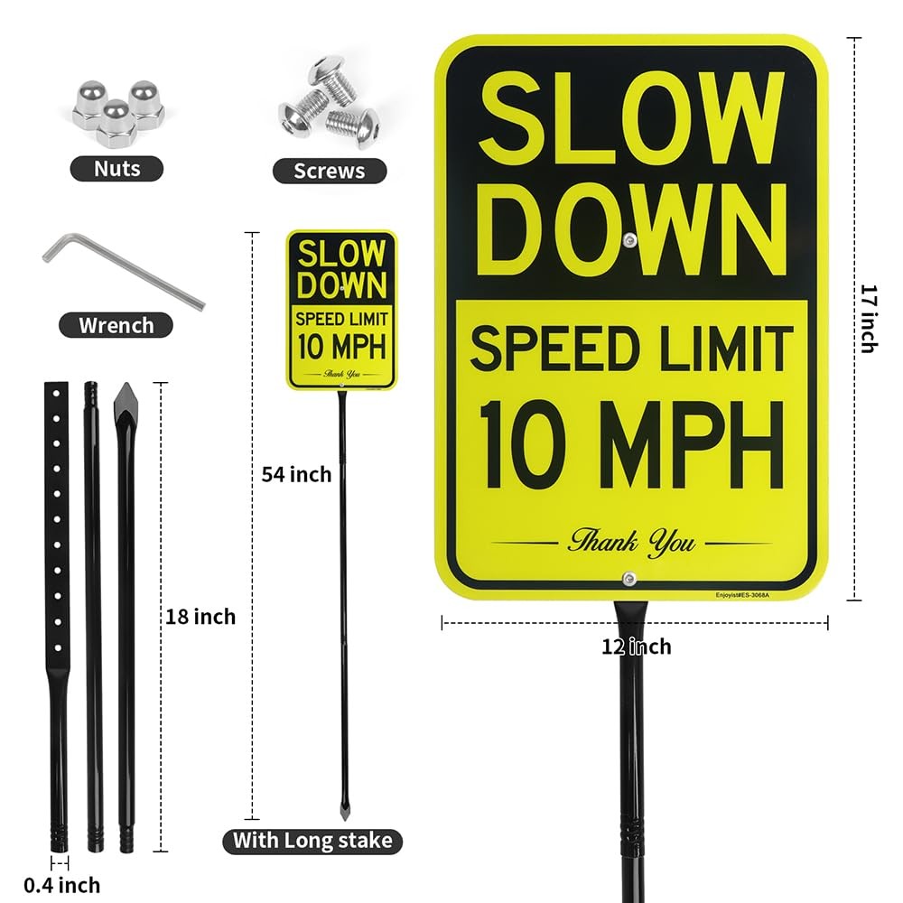 17×12 Inch .040 Large Slow Down Speed Limit 10 MPH Sign 54 Inch Stake