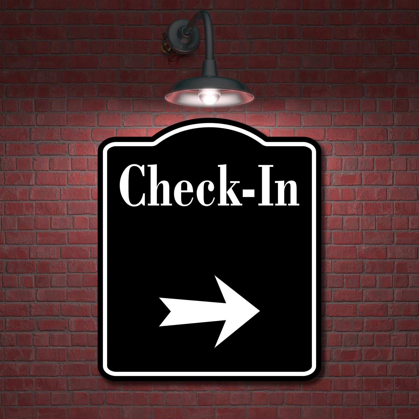 CheckIn Right Arrow Sign Black Aluminum Composite Hotel Front Desk 8.5×10 In