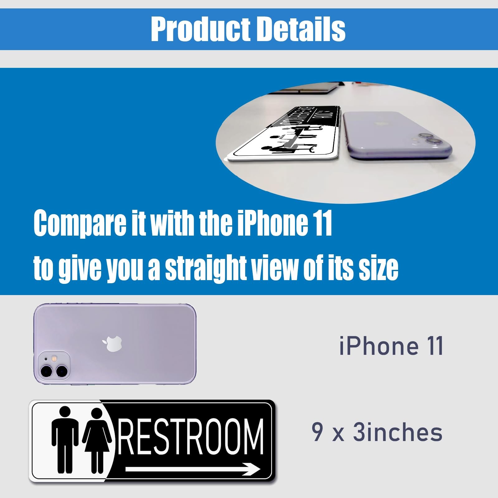 9×3 Inch Restroom Sign Right Arrow Black White SelfStick Door Wall Plaque