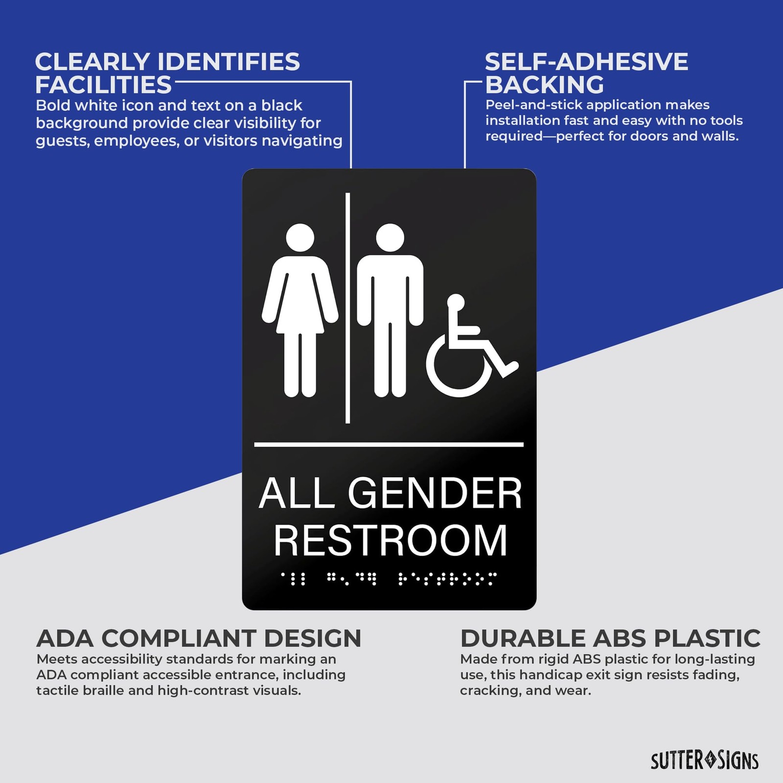 All Gender Restroom Sign 6×9 Inch Braille Gender Neutral Accessible Black/White